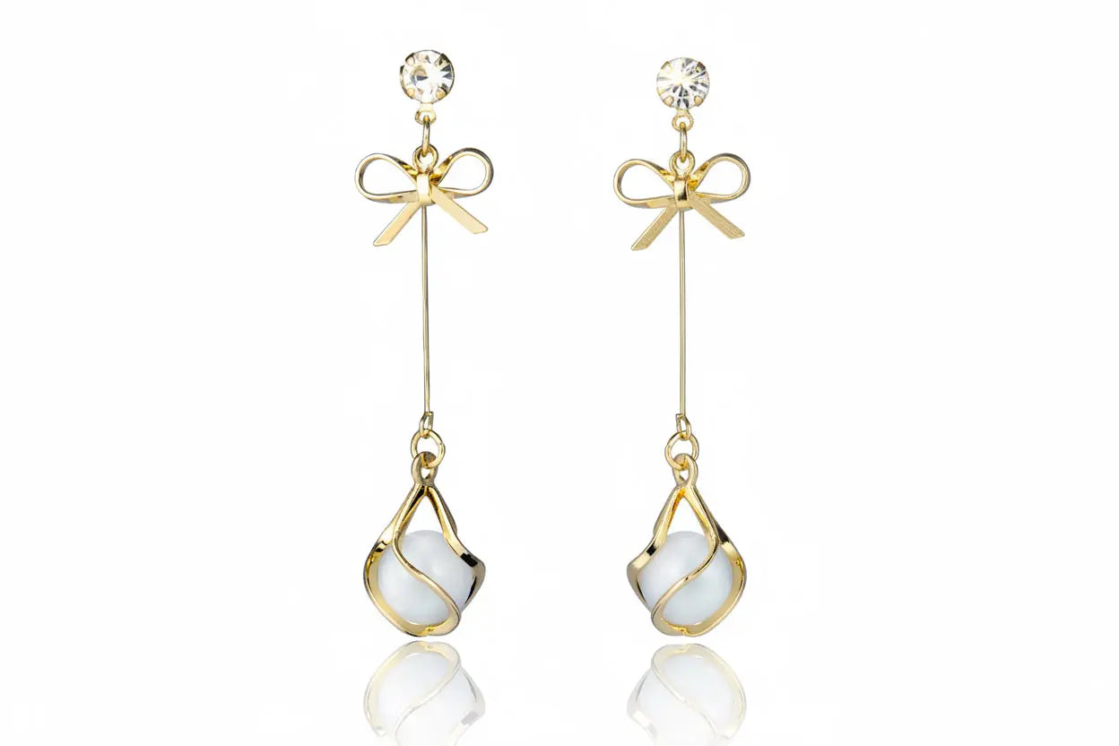 925 Silver Bow Earrings with Pearl Heart and Tassels My Store