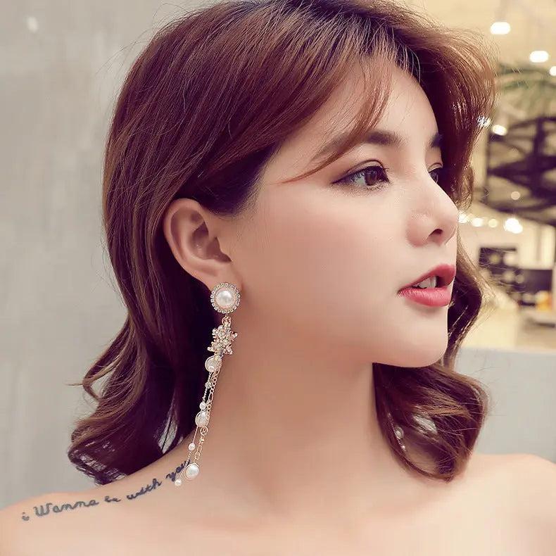 Long Pearl Earrings with Diamond Tassels, 925 Silver My Store