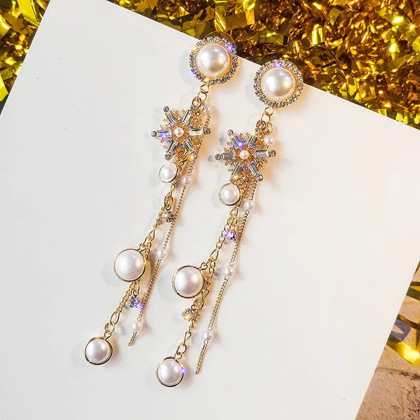 Long Pearl Earrings with Diamond Tassels, 925 Silver My Store