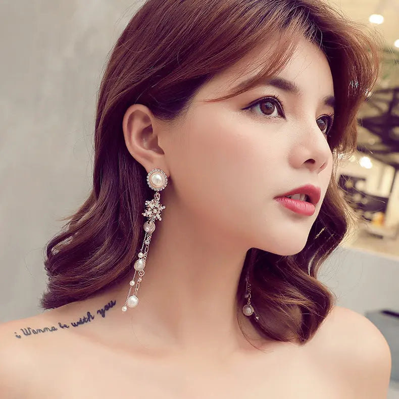 Long Pearl Earrings with Diamond Tassels, 925 Silver My Store