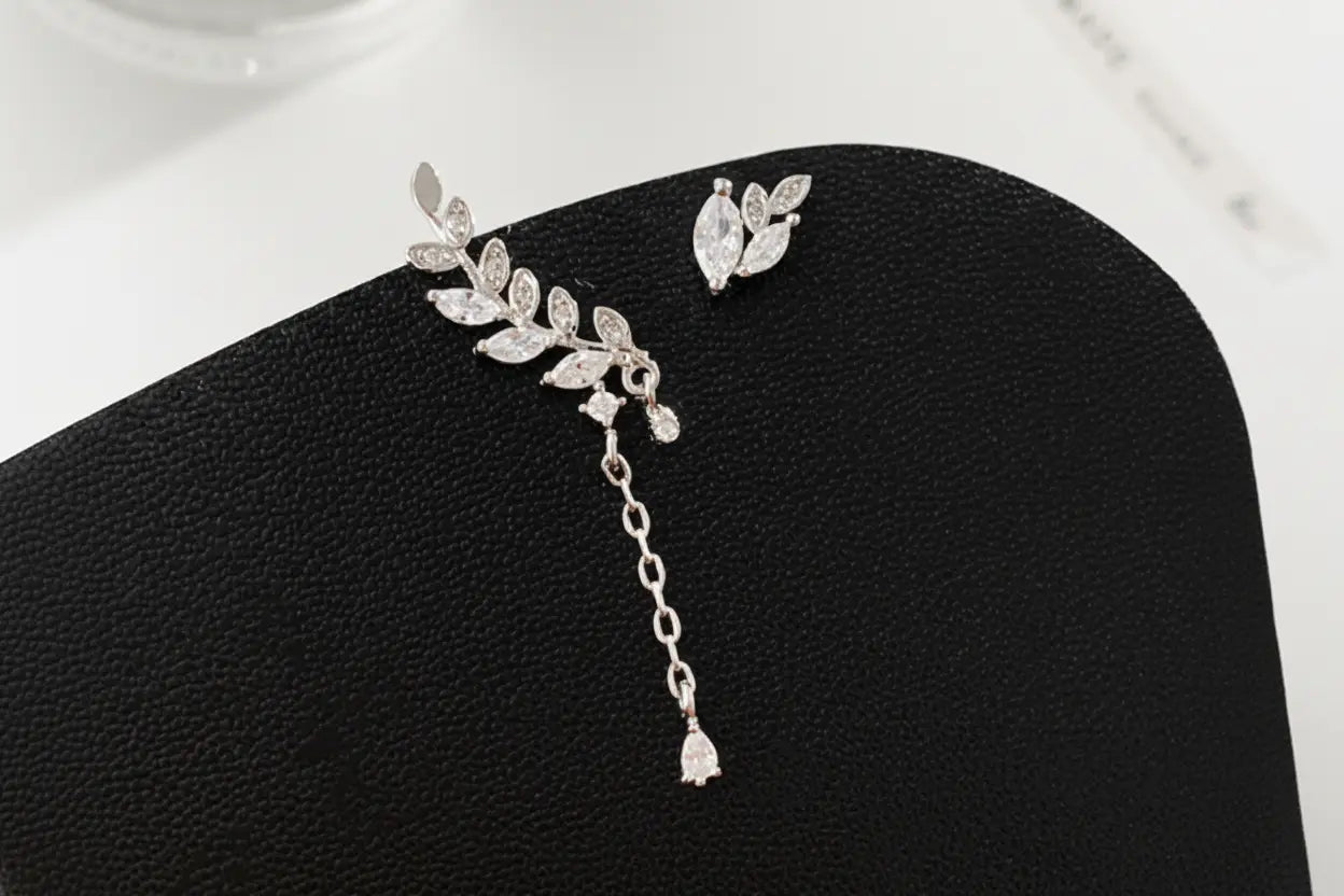 925 Silver Asymmetric Earrings with Leaf Tassels My Store
