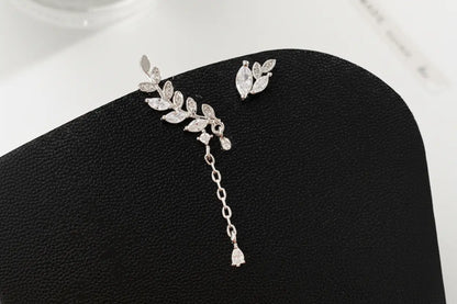 925 Silver Asymmetric Earrings with Leaf Tassels My Store