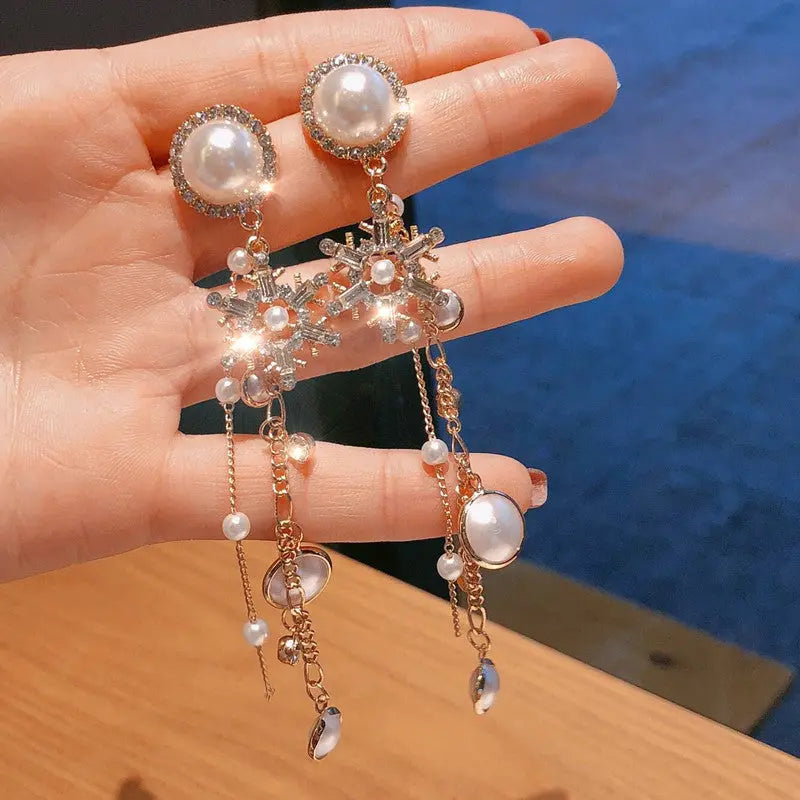 Long Pearl Earrings with Diamond Tassels, 925 Silver My Store