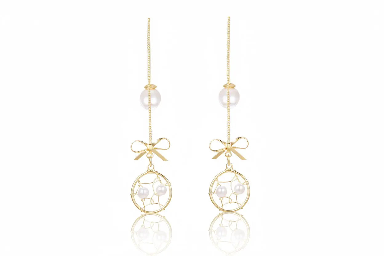 925 Silver Bow Earrings with Pearl Heart and Tassels My Store