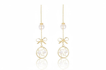 925 Silver Bow Earrings with Pearl Heart and Tassels My Store